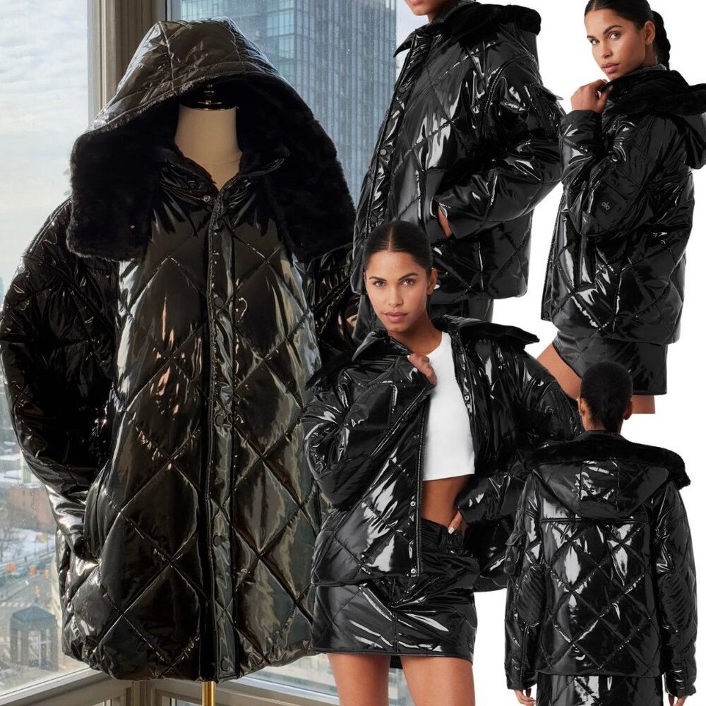 🆕 ALO YOGA 🧿 NWOT Snomoto Puffer Jacket, Black Patent Finish - Sz L / US 12-14